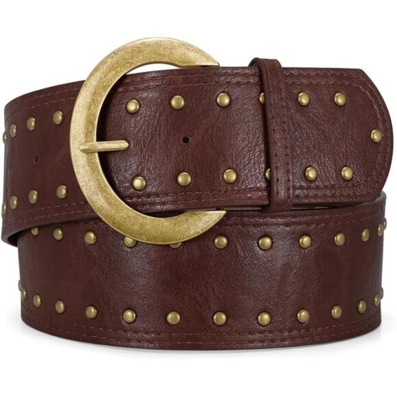 Wide Chunky Studded Brown Leather Vintage Style Waist Belt with Brass Buckle main image 9